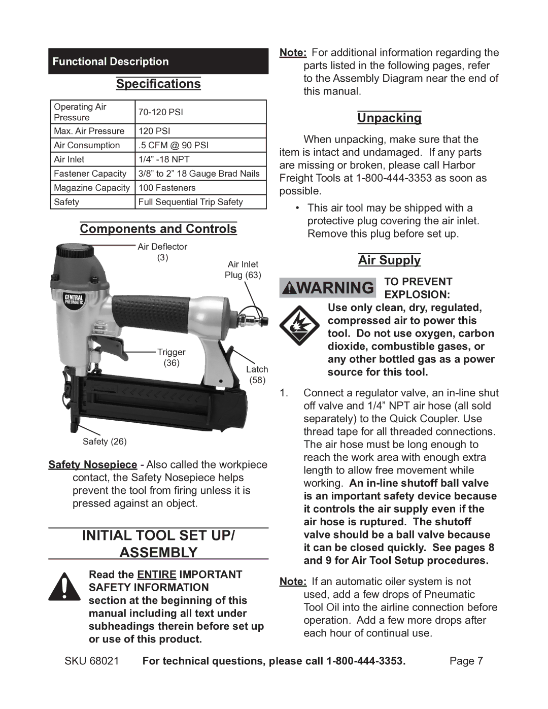 Harbor Freight Tools 68021 operating instructions Functional Description, Initial Tool SET UP Assembly 