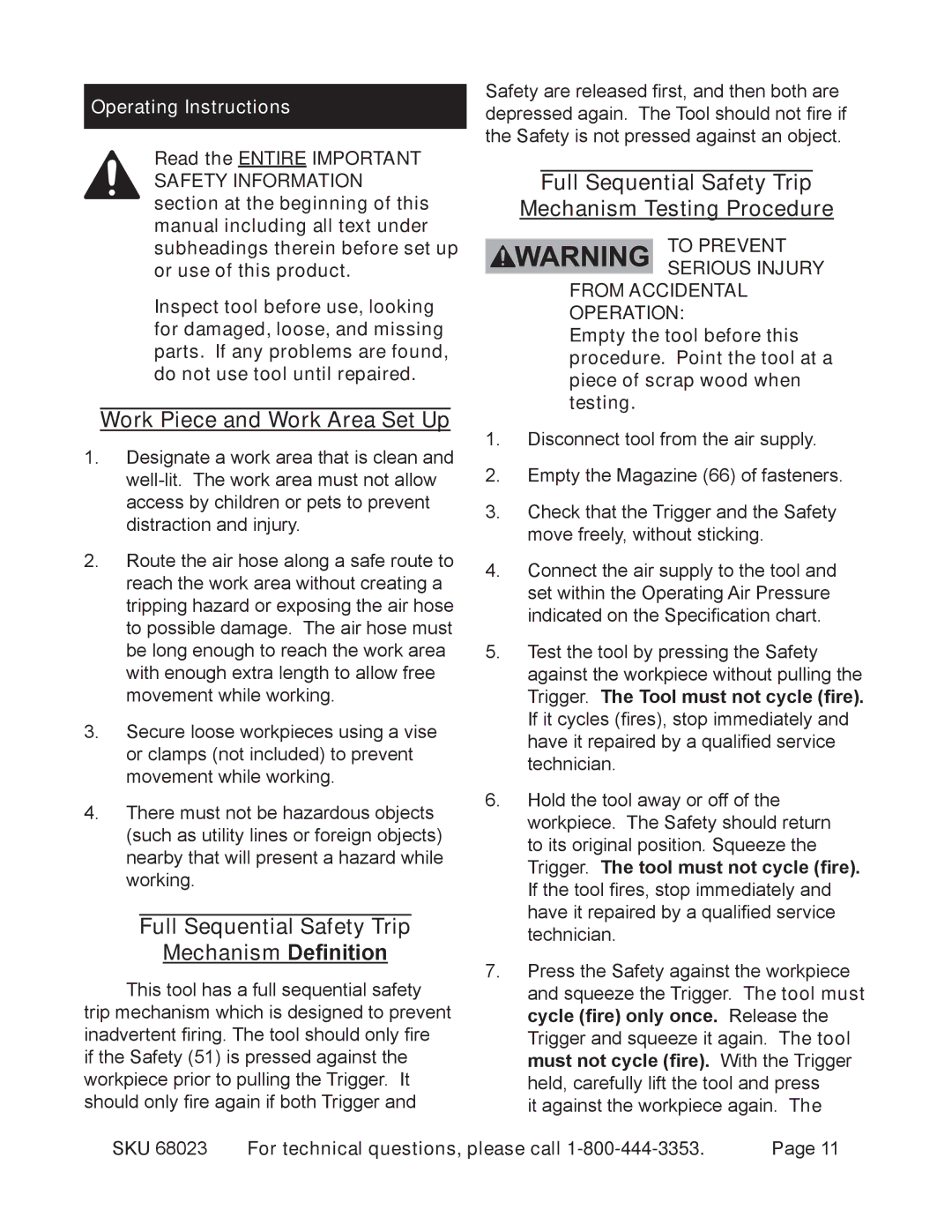 Harbor Freight Tools 68023 operating instructions Operating Instructions, Work Piece and Work Area Set Up 