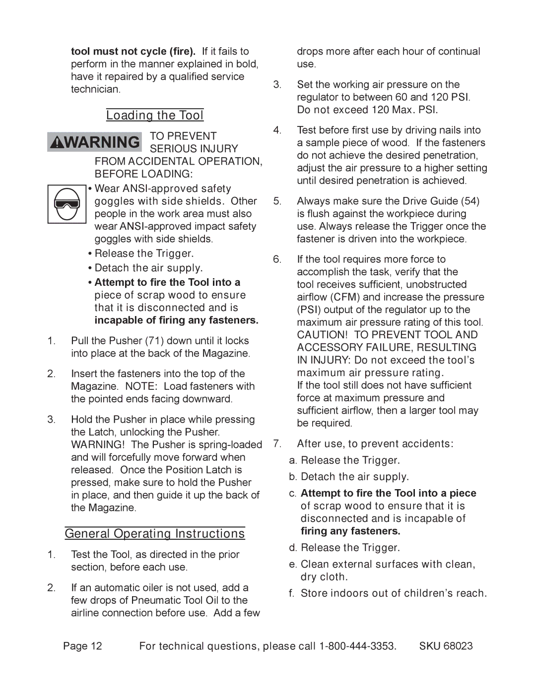 Harbor Freight Tools 68023 Loading the Tool, General Operating Instructions, Do not exceed 120 Max. PSI 