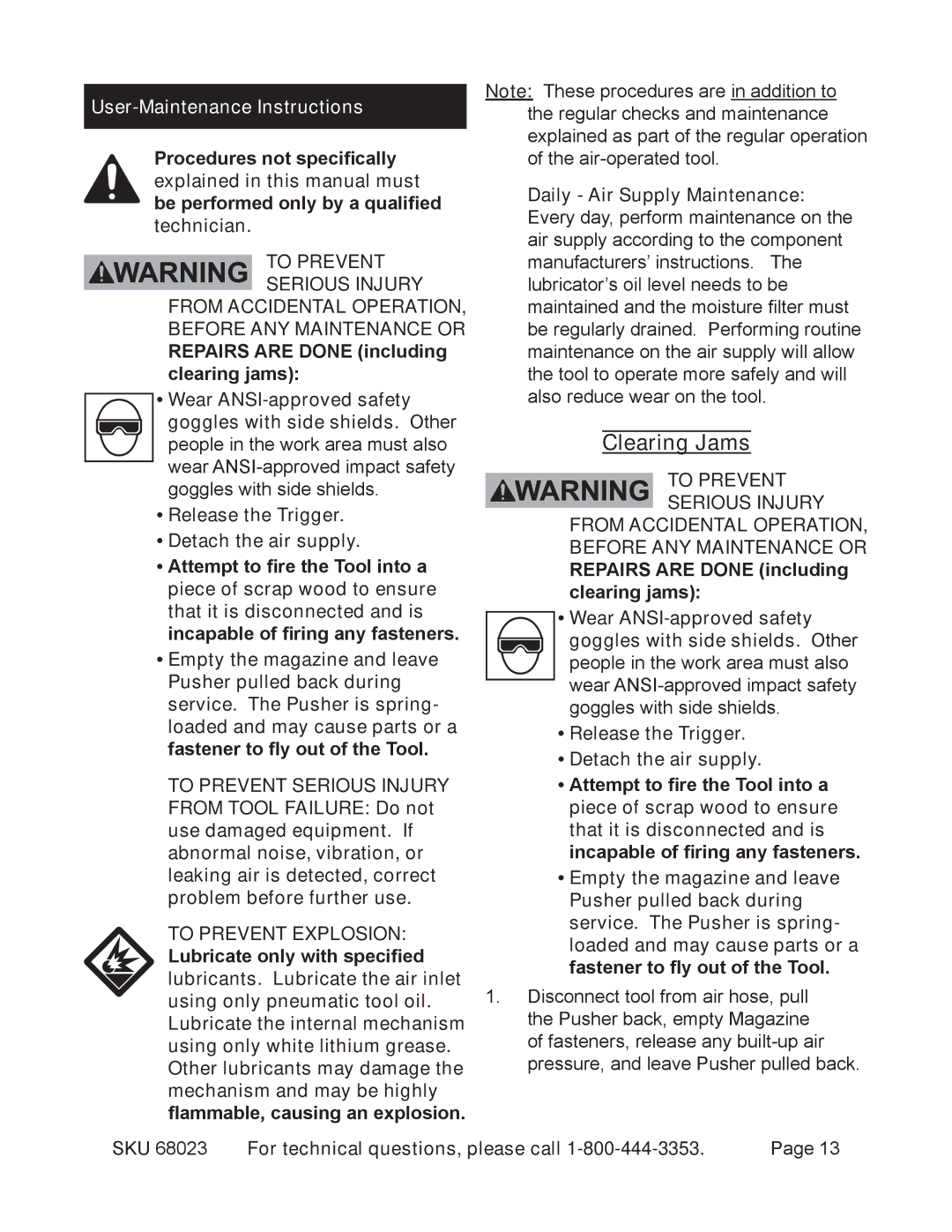 Harbor Freight Tools 68023 User-Instructions, Clearing Jams, User-Maintenance Instructions, To Prevent Serious Injury 