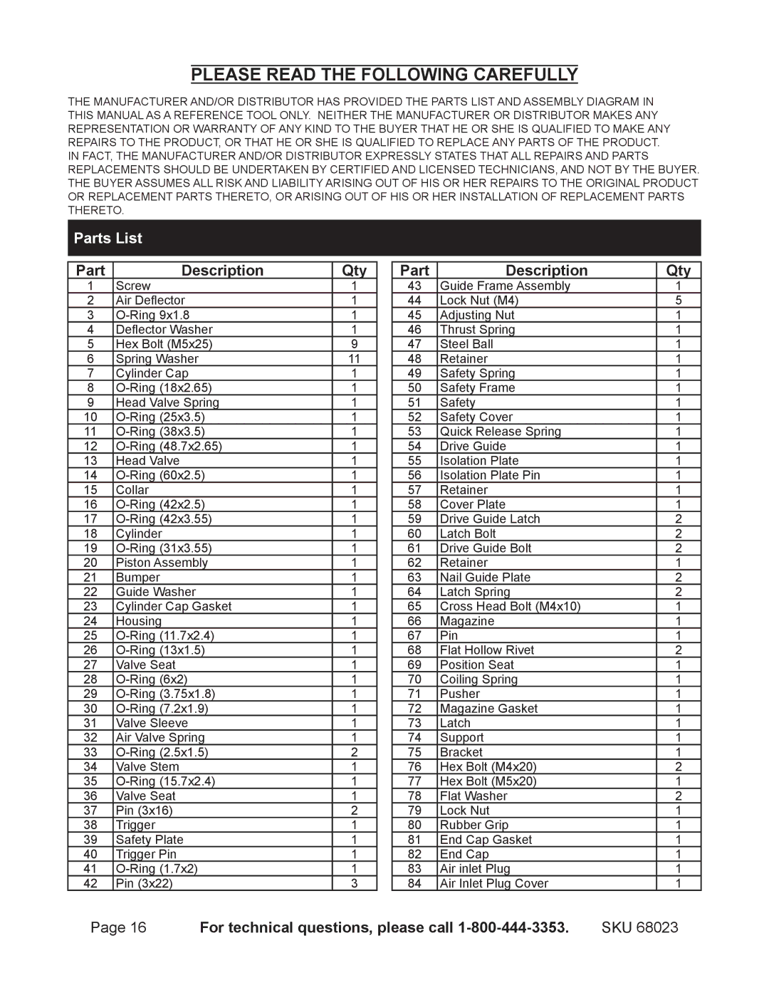 Harbor Freight Tools 68023 Parts List, Qty Part Description, Qty For technical questions, please call 