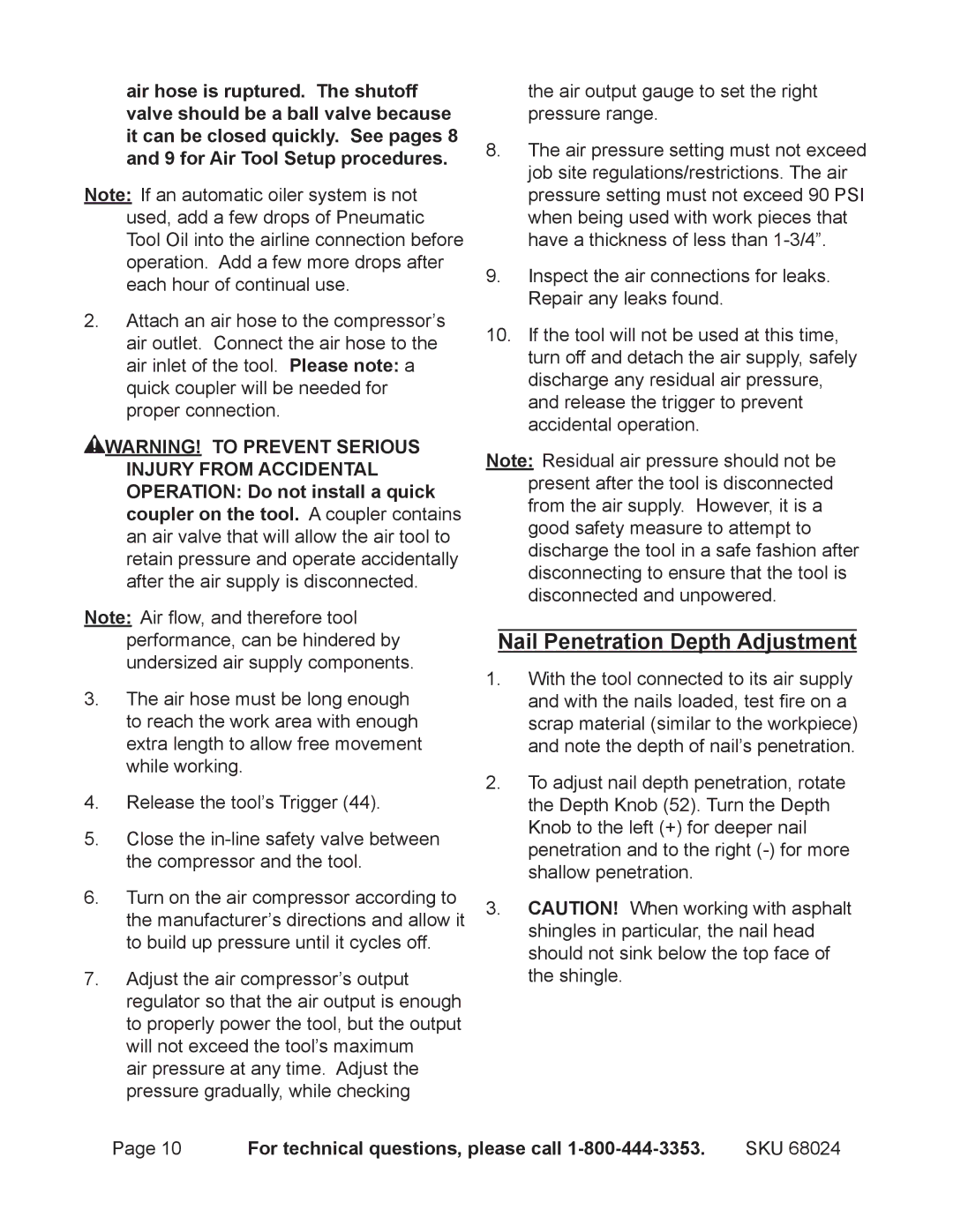 Harbor Freight Tools 68024 operating instructions Nail Penetration Depth Adjustment, For technical questions, please call 