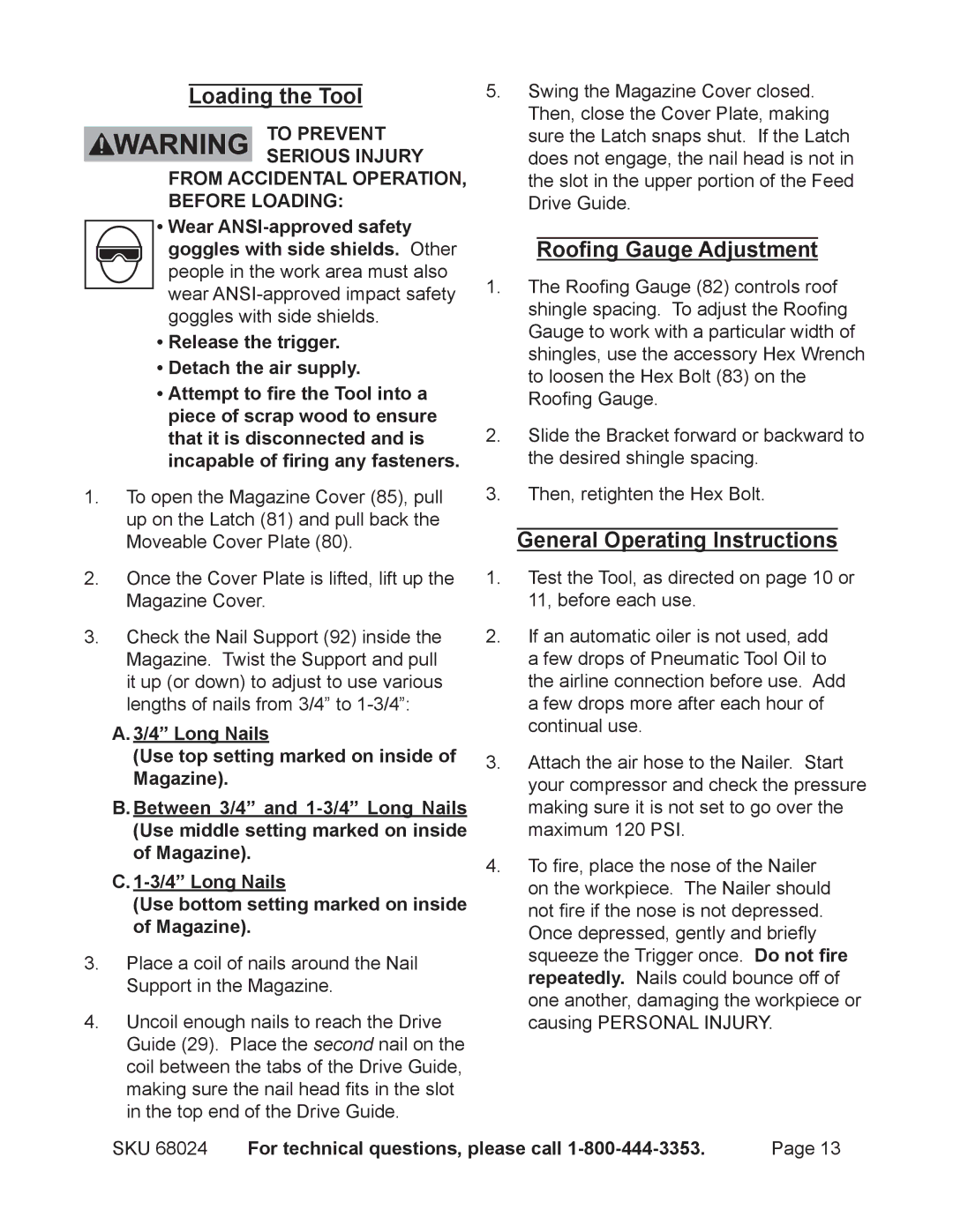 Harbor Freight Tools 68024 Loading the Tool, Roofing Gauge Adjustment, General Operating Instructions 