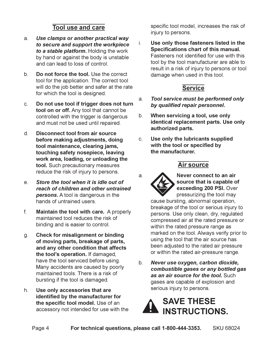 Harbor Freight Tools 68024 operating instructions Tool use and care, Service, Air source 