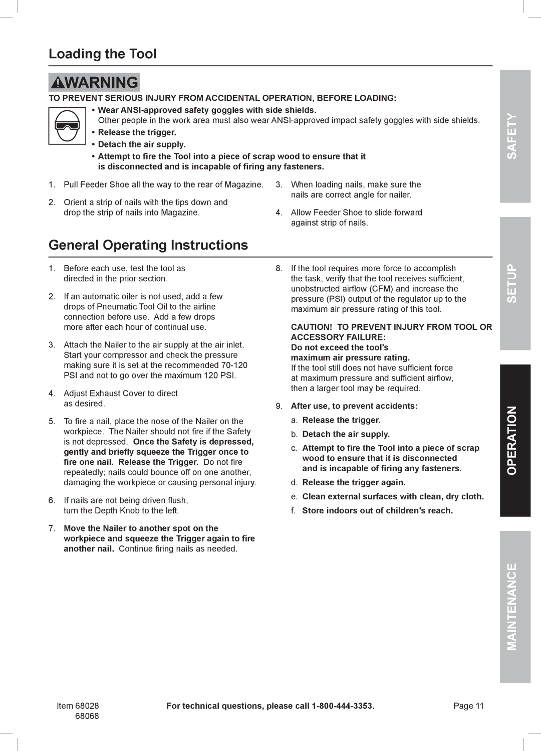 Harbor Freight Tools 68068 owner manual Loading the Tool, General Operating Instructions 