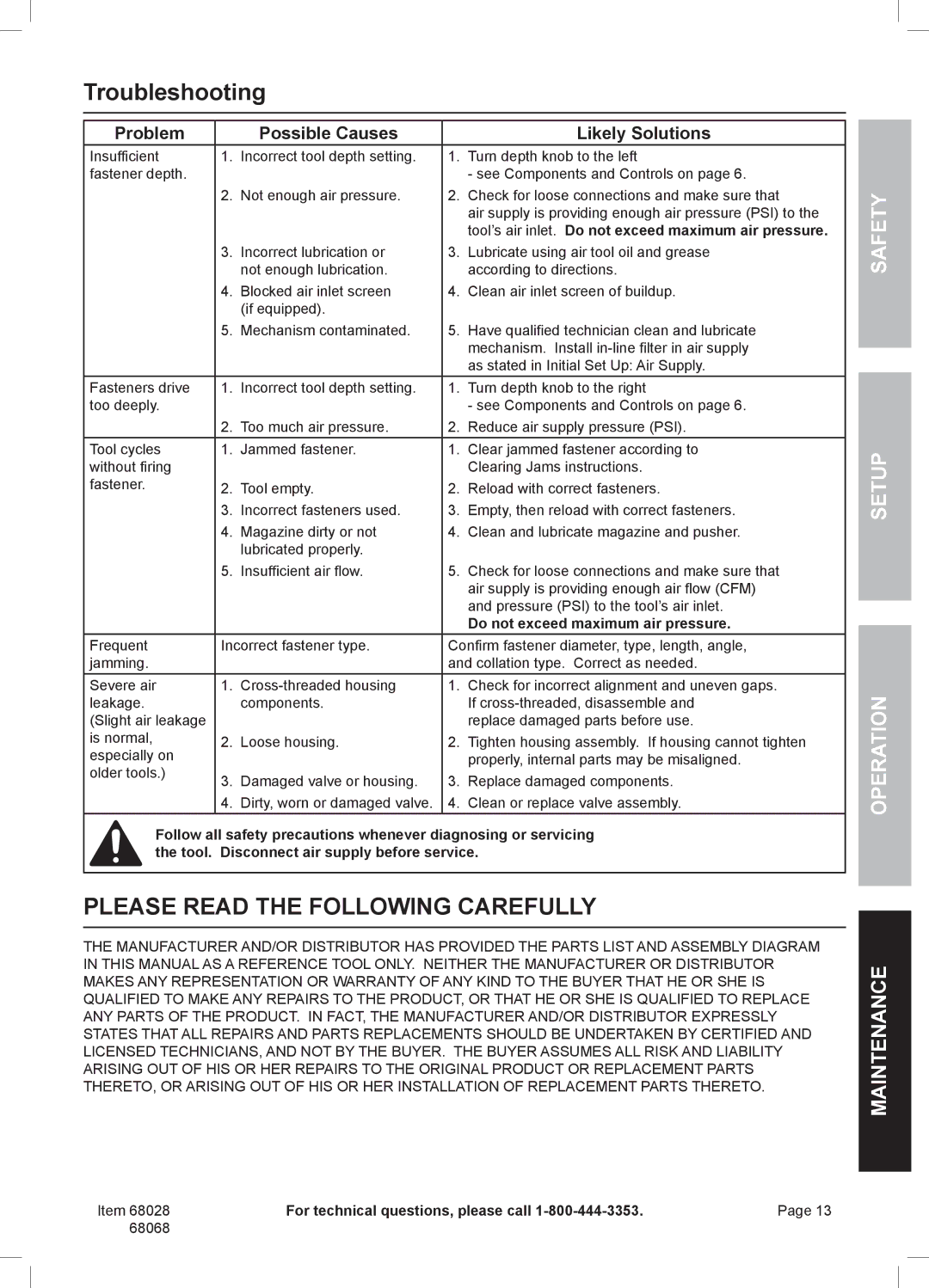 Harbor Freight Tools 68068 owner manual Troubleshooting, Problem Possible Causes Likely Solutions 