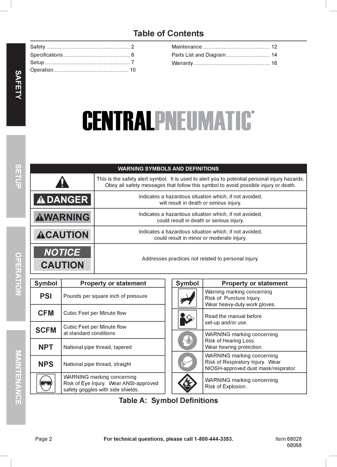 Harbor Freight Tools 68068 owner manual Table of Contents 