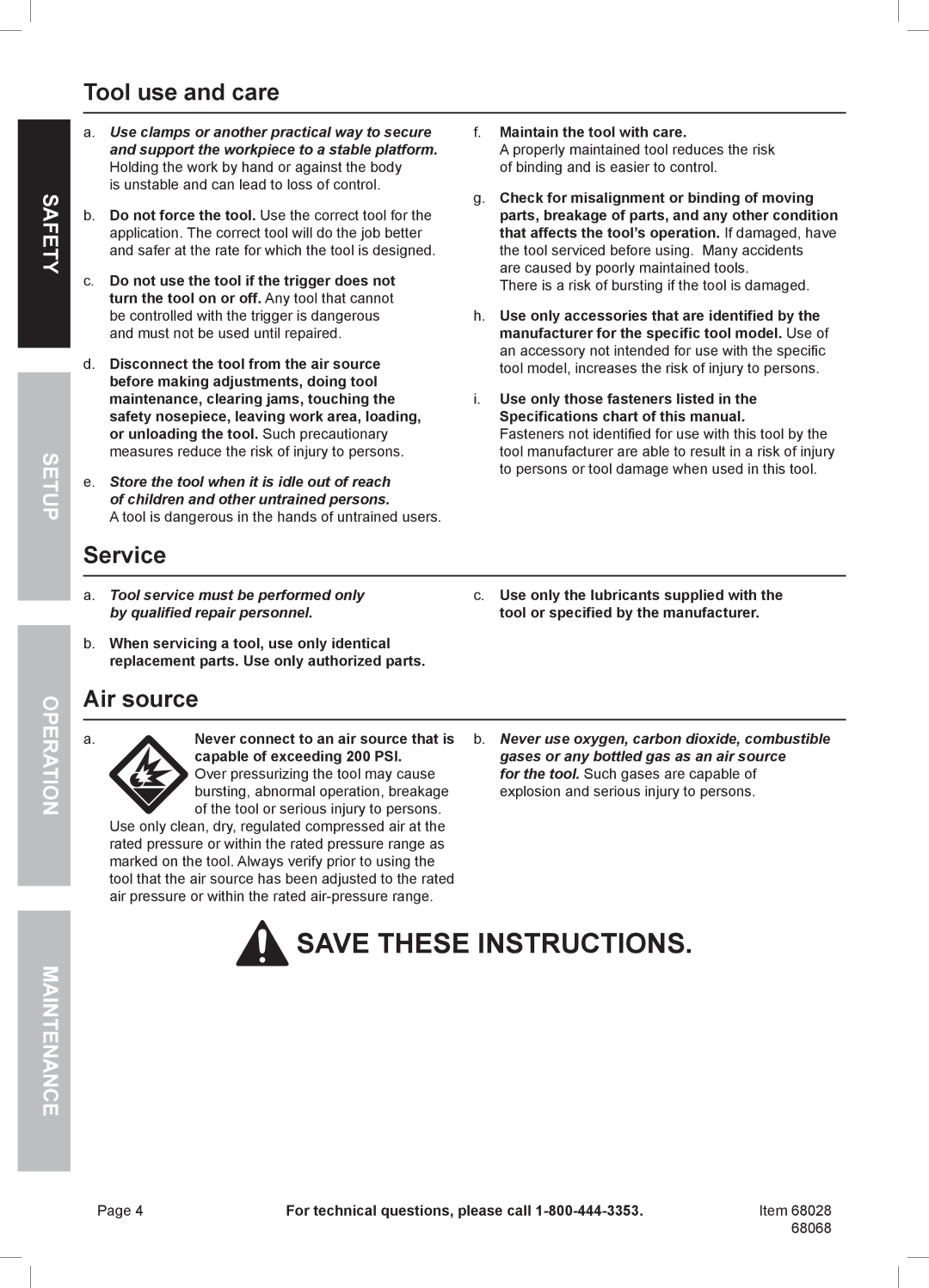 Harbor Freight Tools 68068 owner manual Tool use and care, Service, Air source 
