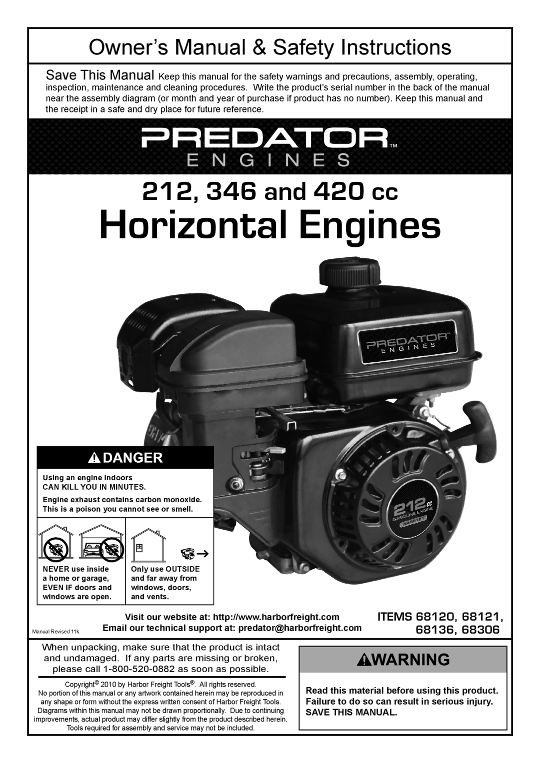 Harbor Freight Tools 68306, 68120 owner manual Email our technical support at predator@harborfreight.com, Save this Manual 