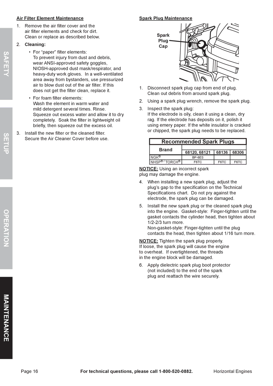 Harbor Freight Tools 68120, 68306 owner manual Air Filter Element Maintenance, Cleaning, Spark Plug Maintenance Cap, Brand 