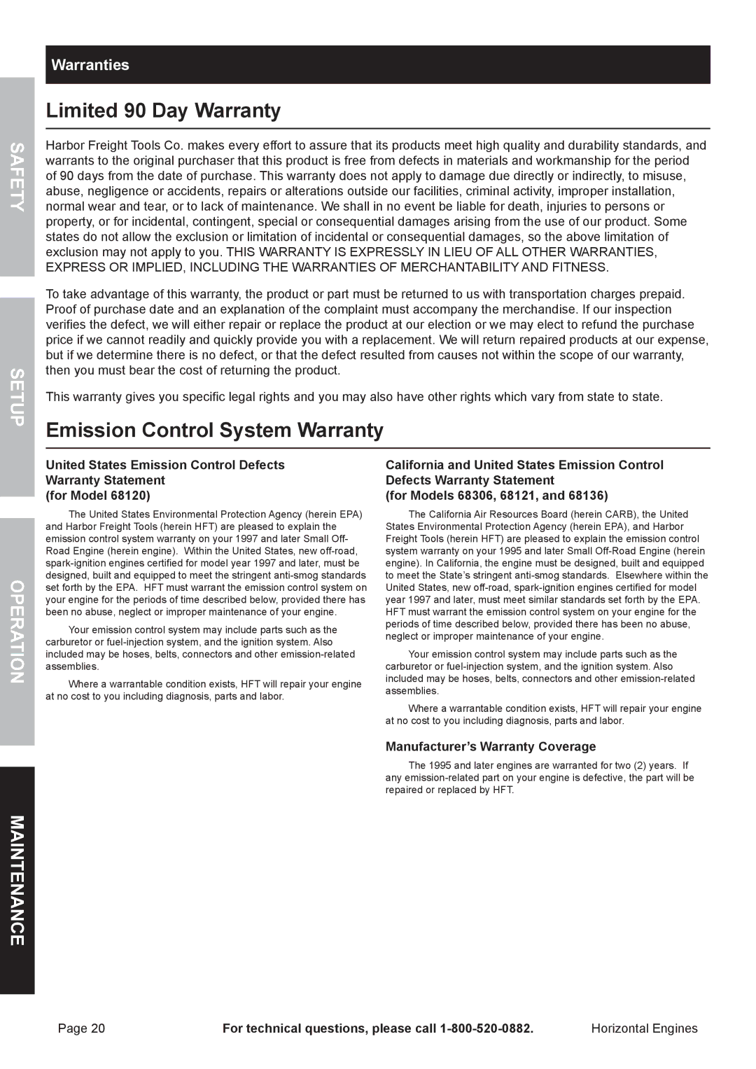 Harbor Freight Tools 68120 Limited 90 Day Warranty, Emission Control System Warranty, Manufacturer’s Warranty Coverage 