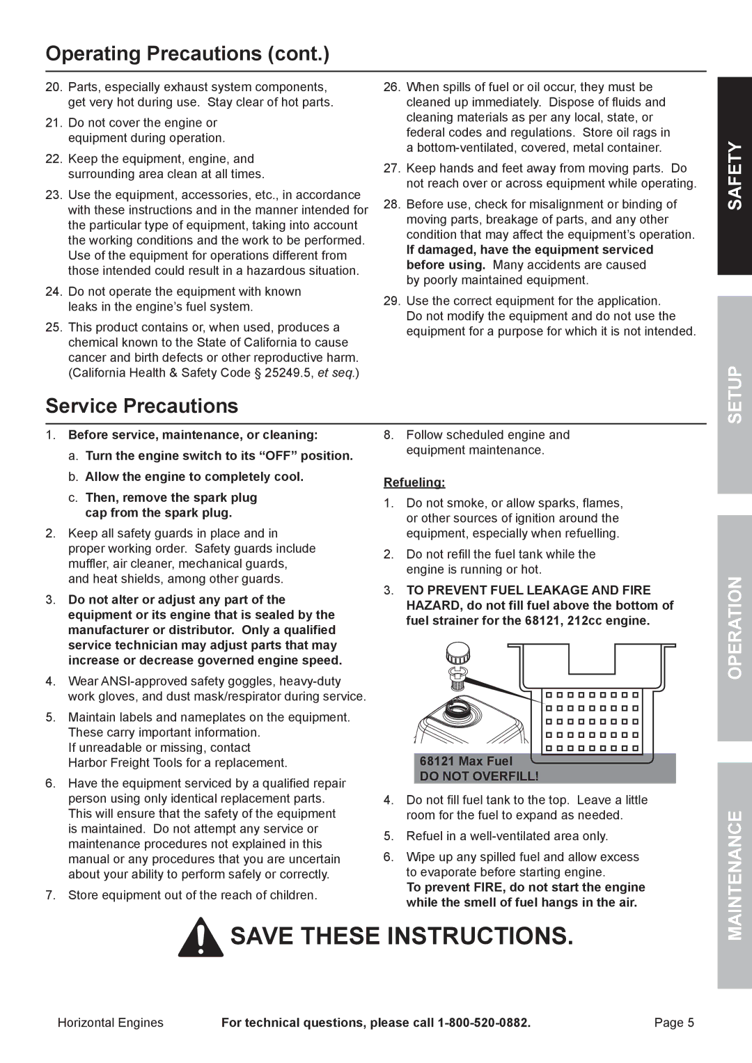 Harbor Freight Tools 68306, 68120 owner manual Service Precautions, Refueling, Do not Overfill 