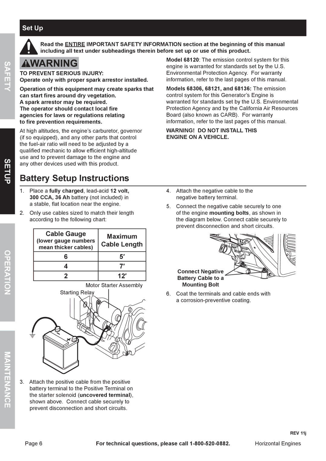 Harbor Freight Tools 68120, 68306 owner manual Battery Setup Instructions, To Prevent Serious Injury, Engine on a Vehicle 