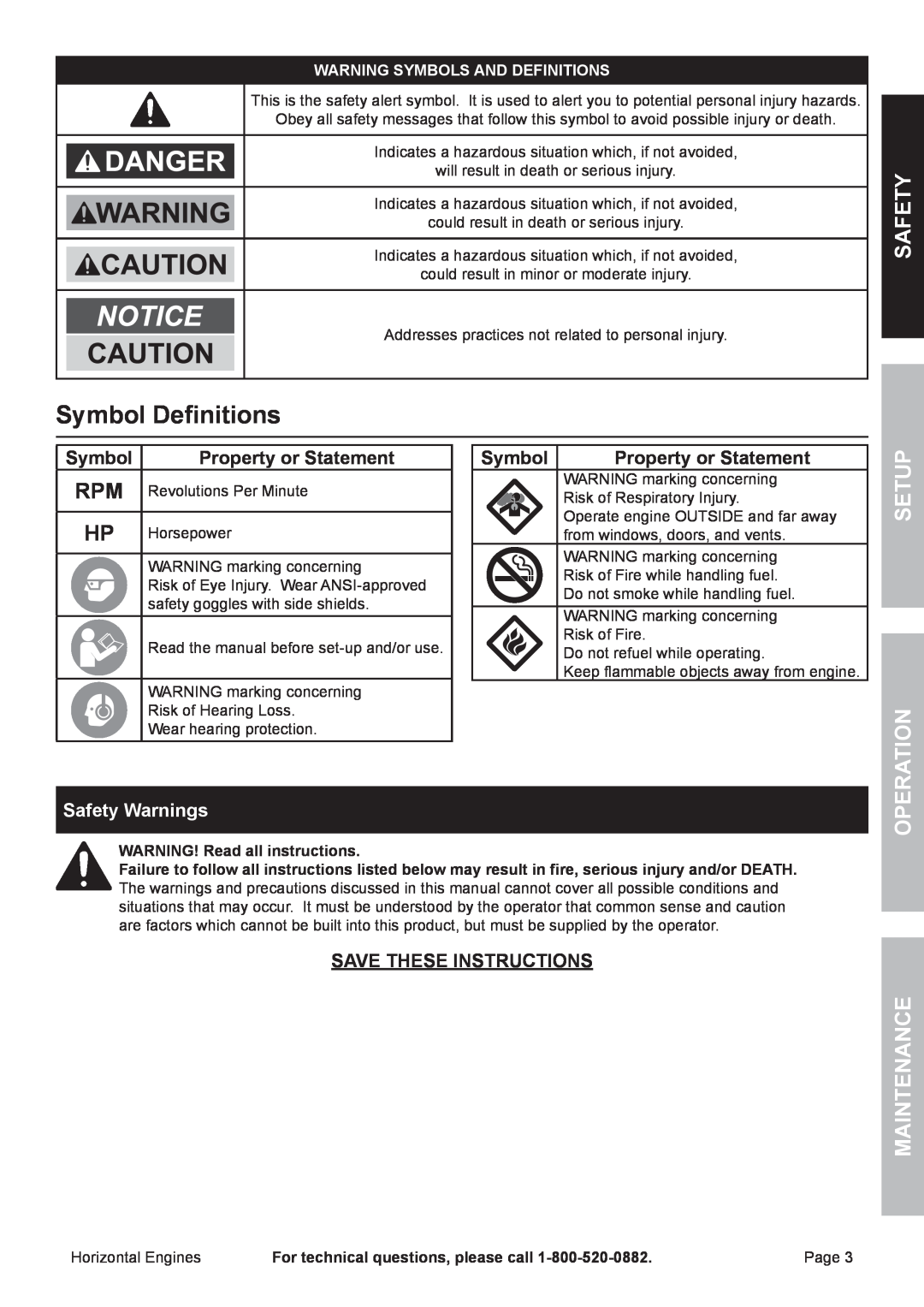 Harbor Freight Tools 68306, 68120 Symbol Definitions, Setup Operation, Maintenance, Property or Statement, Safety Warnings 
