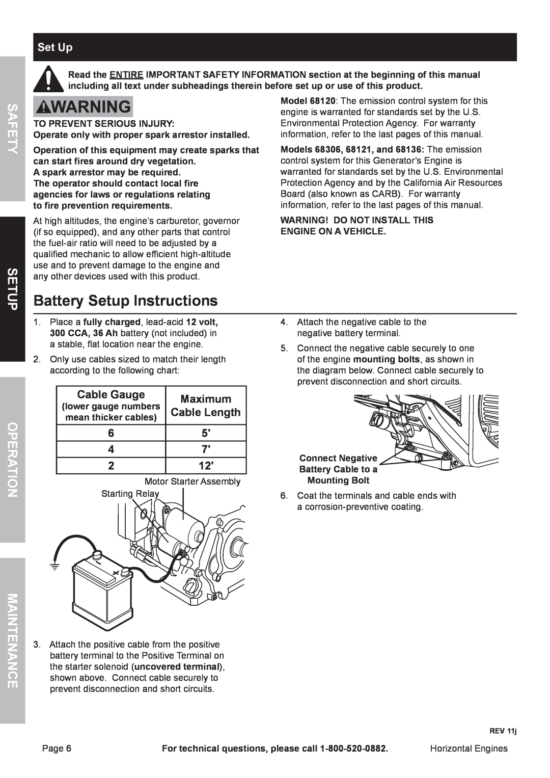 Harbor Freight Tools 68120 Battery Setup Instructions, Operation, Set Up, Cable Gauge, Maximum, Cable Length, Safety 