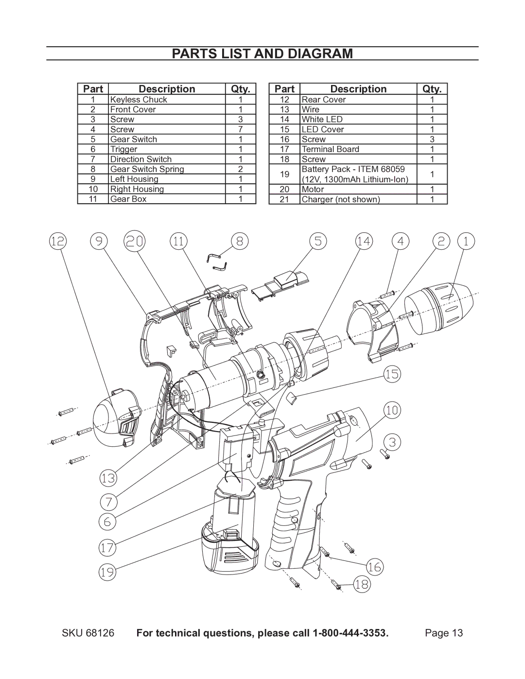 Harbor Freight Tools 68126 operating instructions Parts List and Diagram, Part Description Qty 