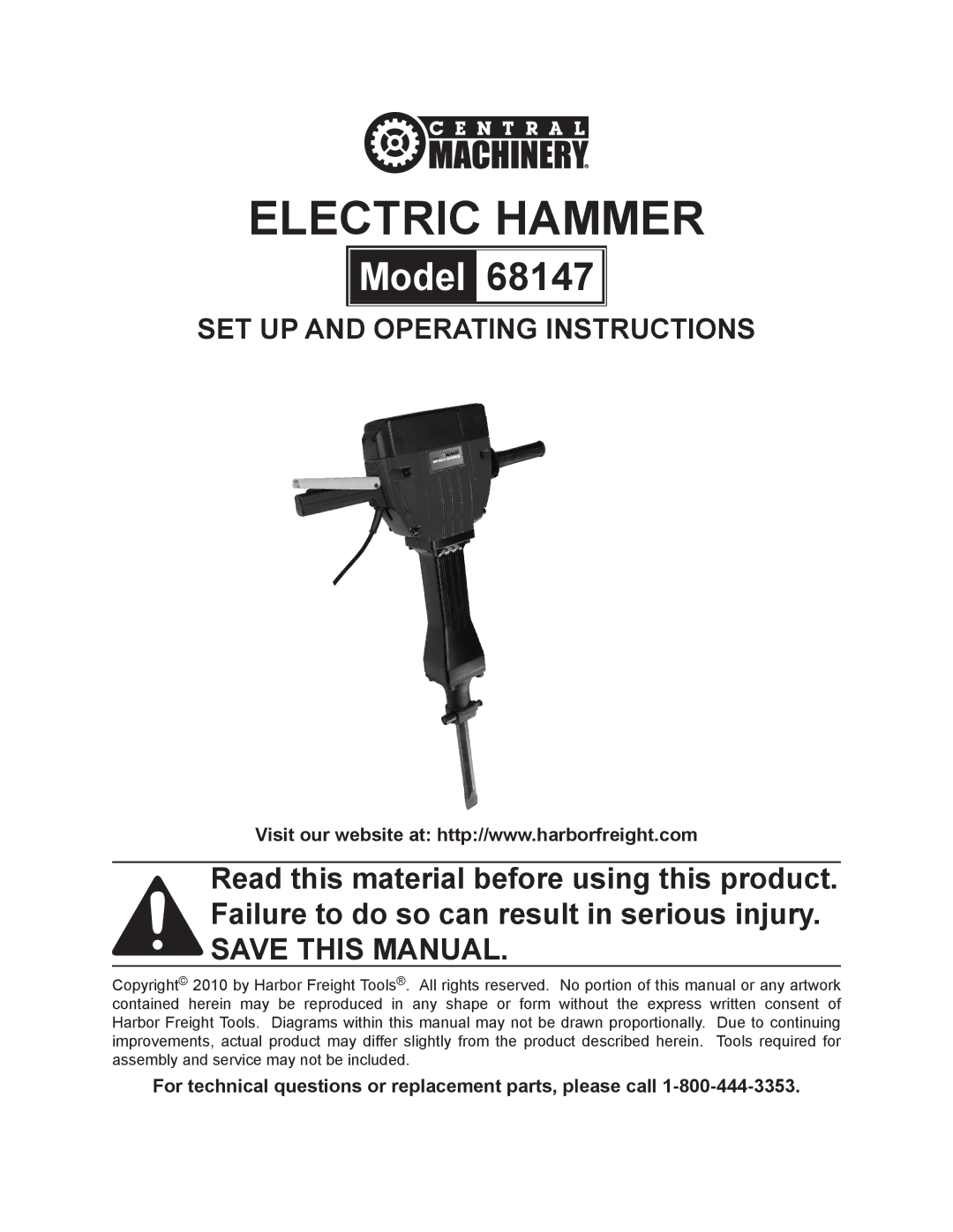 Harbor Freight Tools 68147 operating instructions Electric Hammer, Save this Manual 