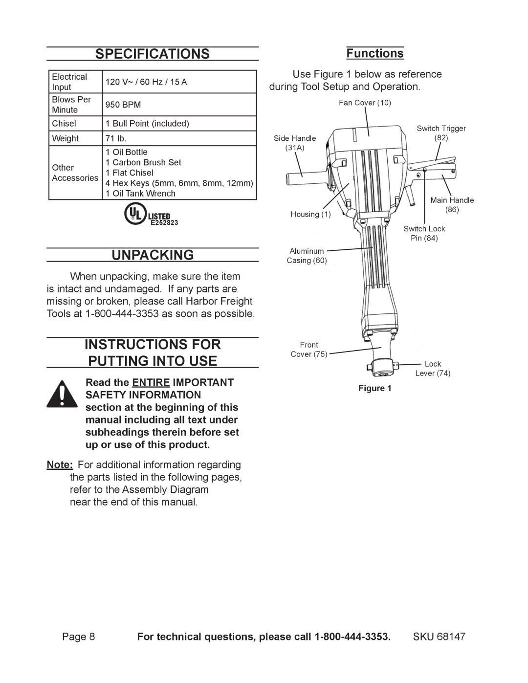 Harbor Freight Tools 68147 operating instructions Unpacking, Instructions for Putting Into USE 