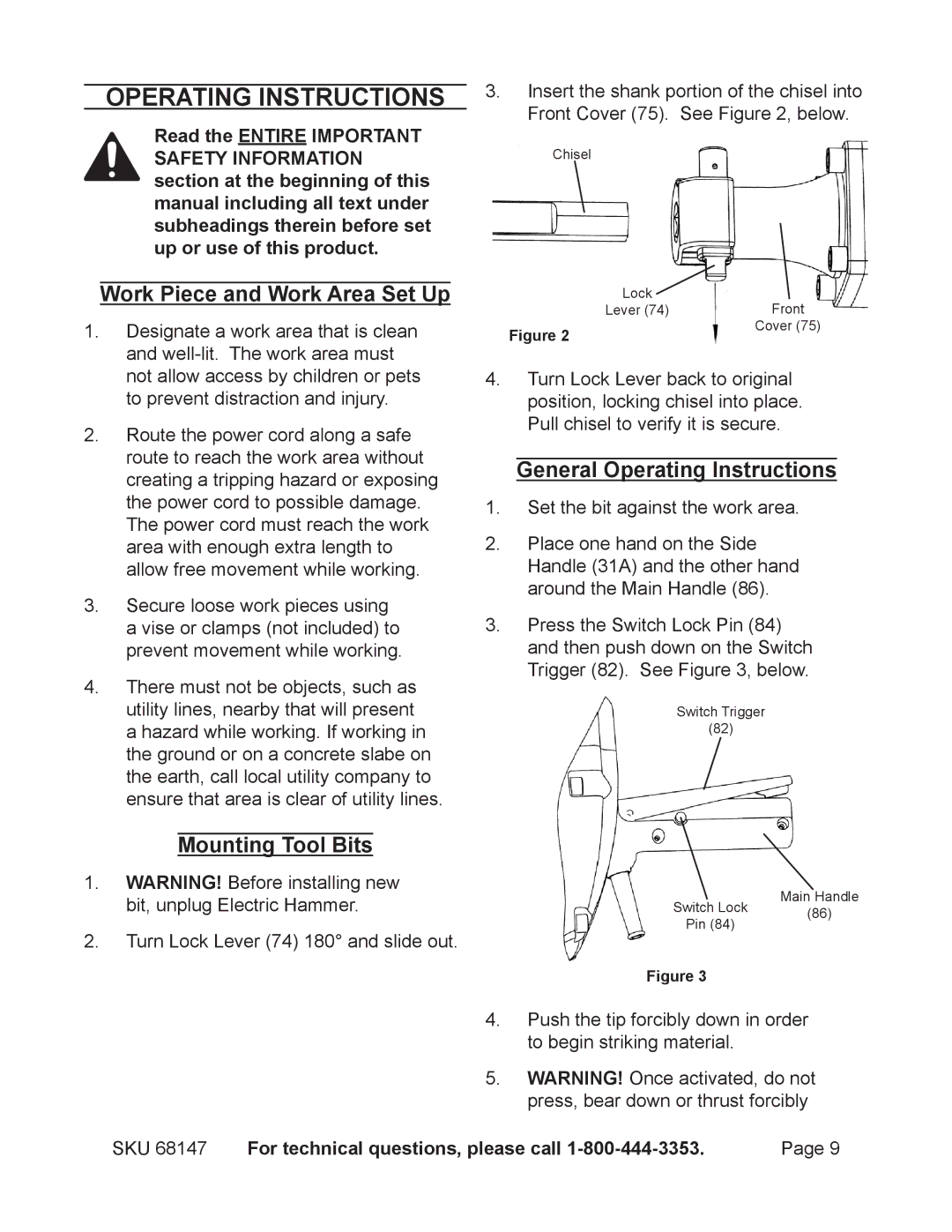 Harbor Freight Tools 68147 Operating Instructions, Work Piece and Work Area Set Up, Mounting Tool Bits 