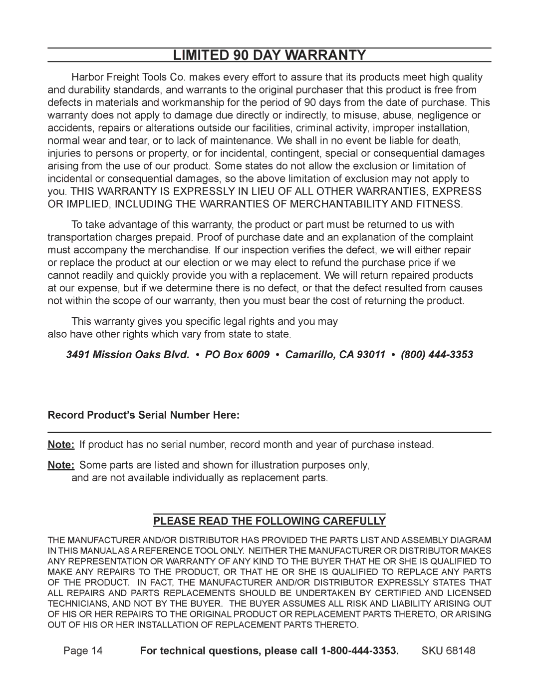 Harbor Freight Tools 68148 operating instructions Limited 90 DAY Warranty, Record Product’s Serial Number Here 