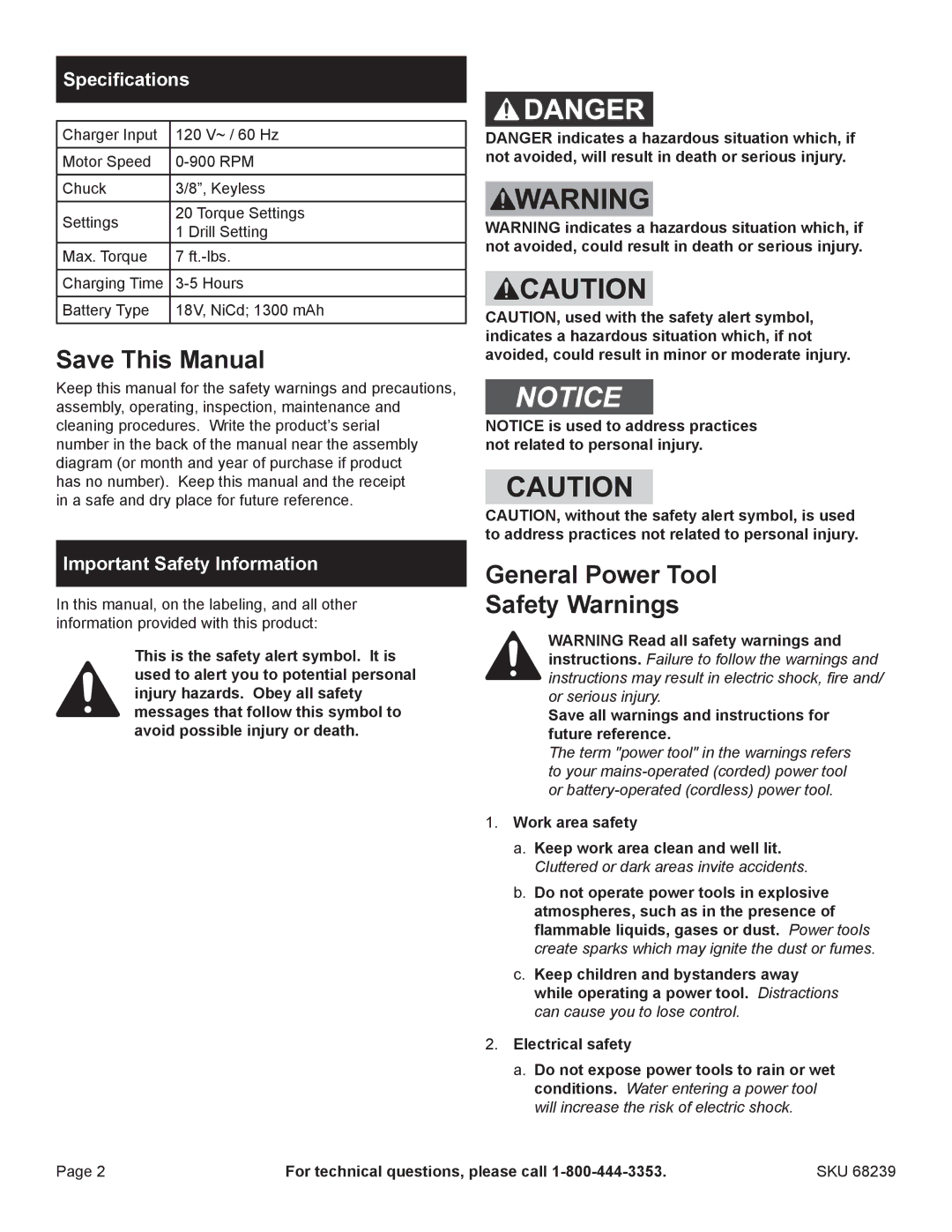 Harbor Freight Tools 68239 manual Save This Manual, General Power Tool Safety Warnings, Specifications 