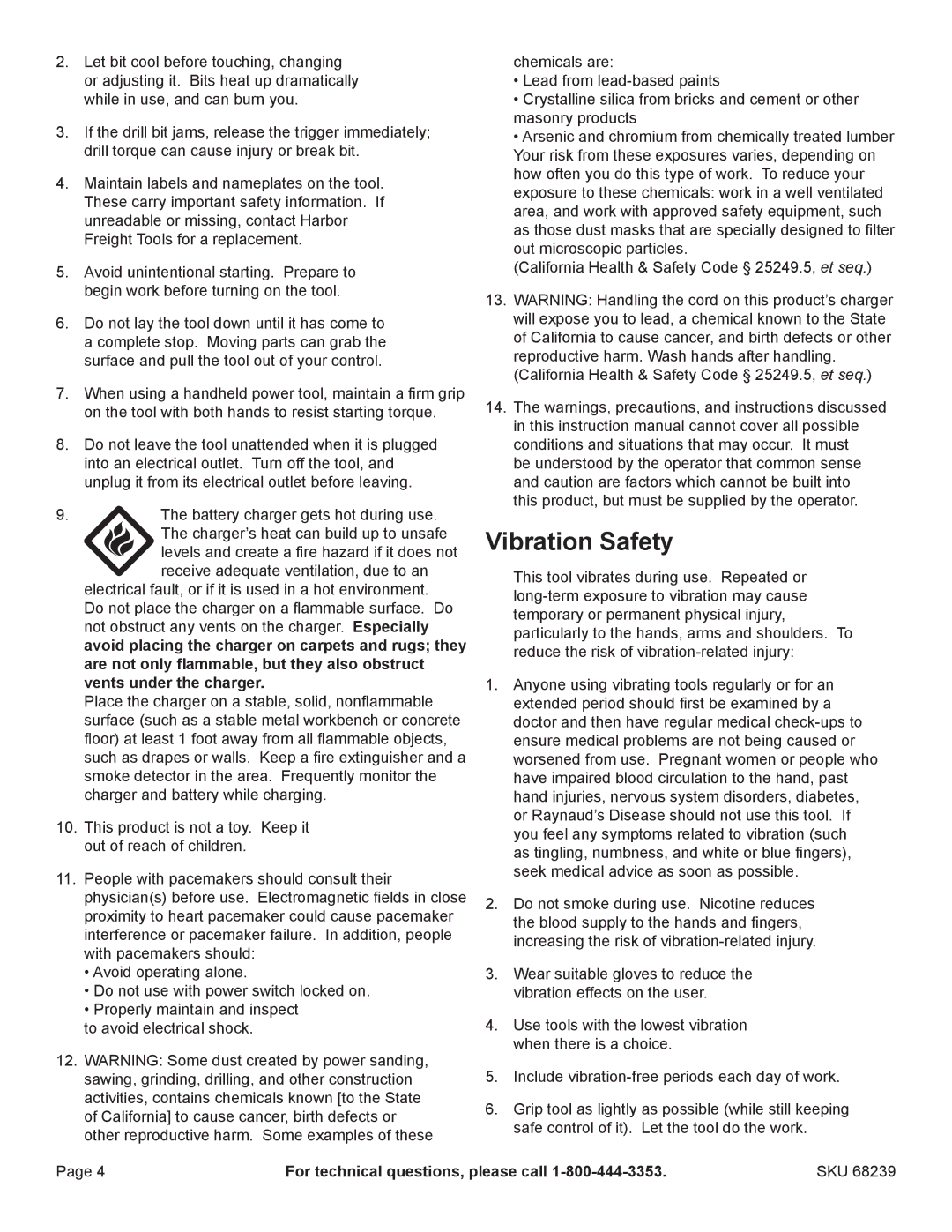 Harbor Freight Tools 68239 manual Vibration Safety 