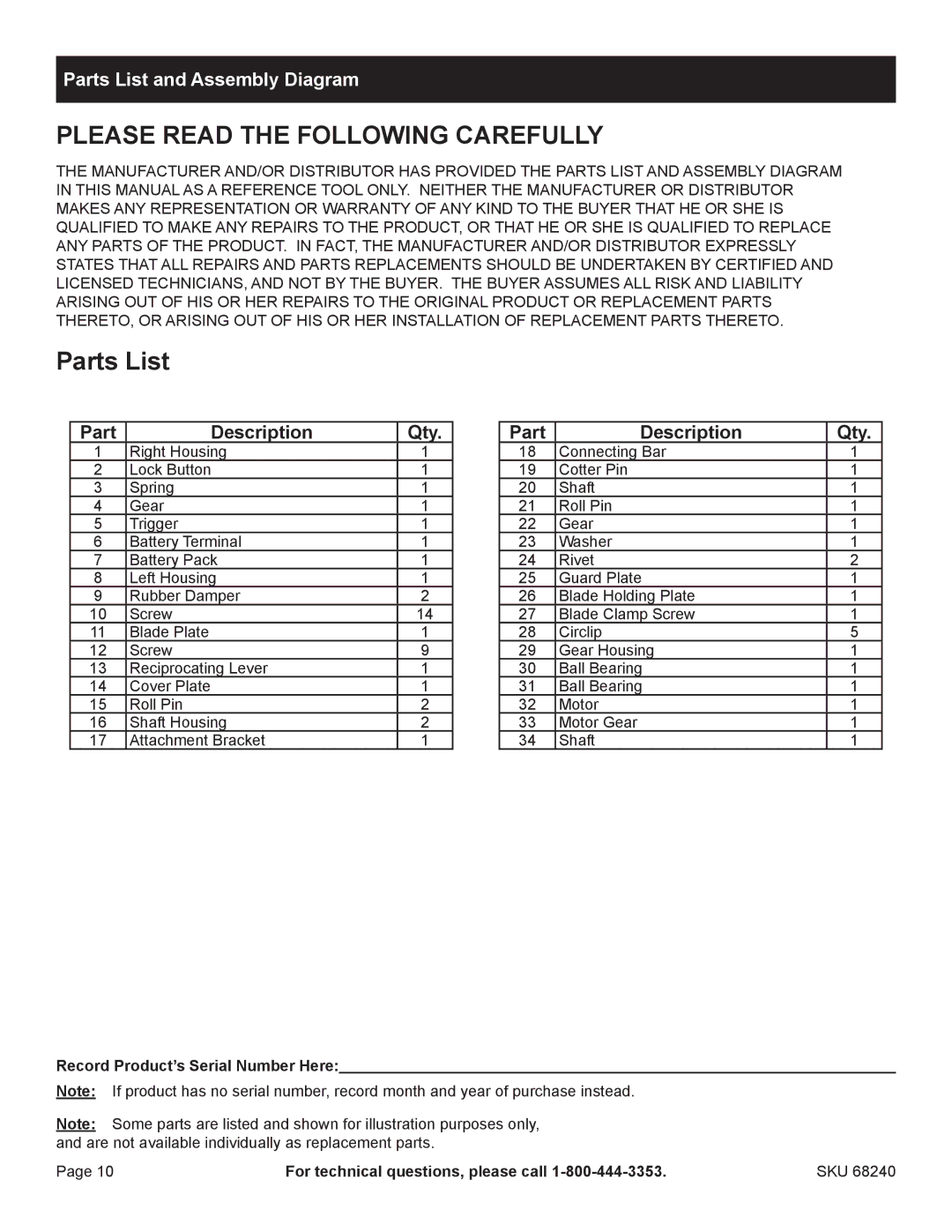 Harbor Freight Tools 68240 manual Parts List and Assembly Diagram 