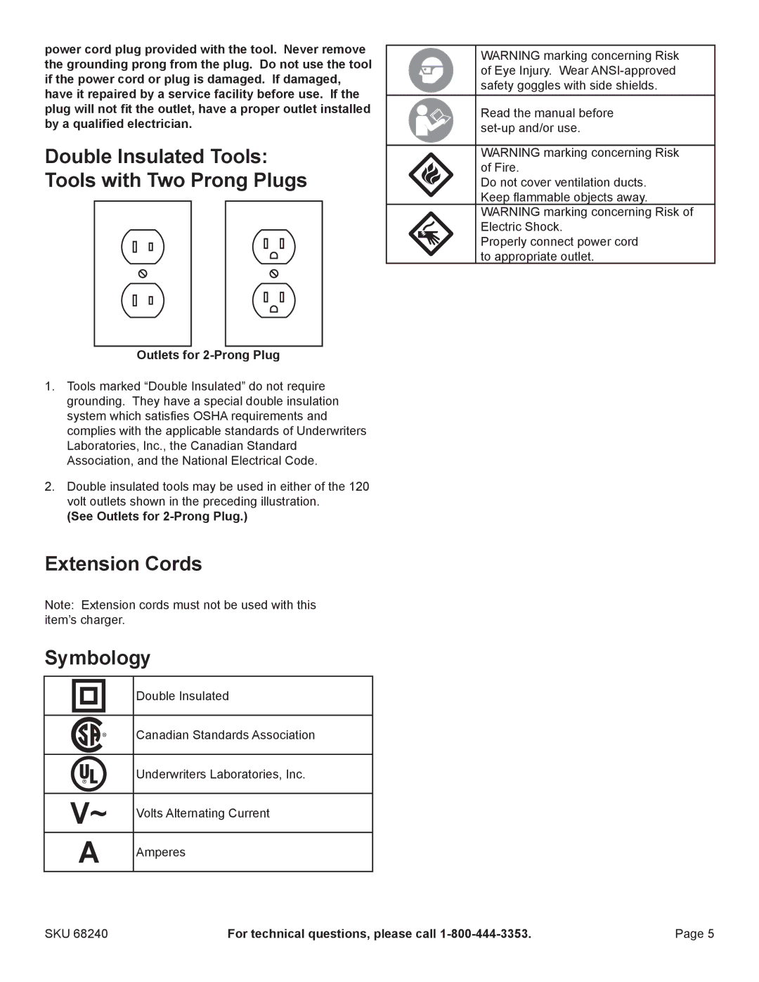 Harbor Freight Tools 68240 manual Double Insulated Tools Tools with Two Prong Plugs, Extension Cords Symbology 