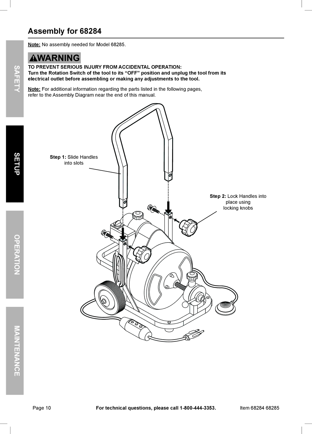 Harbor Freight Tools 68285, 68284 owner manual Assembly for, To Prevent Serious Injury from Accidental Operation 