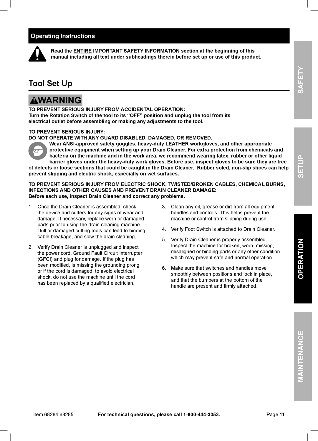 Harbor Freight Tools 68284, 68285 owner manual Tool Set Up, Operating Instructions 