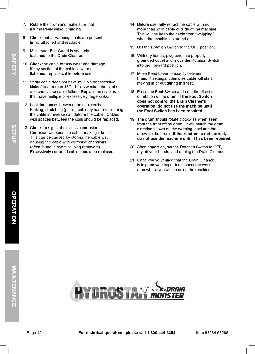 Harbor Freight Tools 68285, 68284 owner manual Safety Setup 