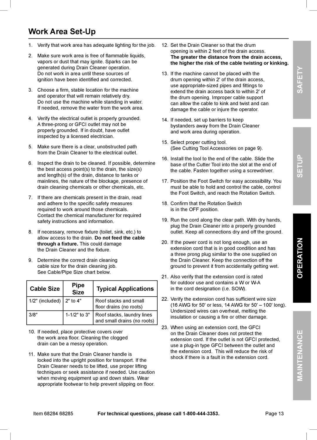 Harbor Freight Tools 68284, 68285 owner manual Work Area Set-Up, Cable Size Pipe Typical Applications 