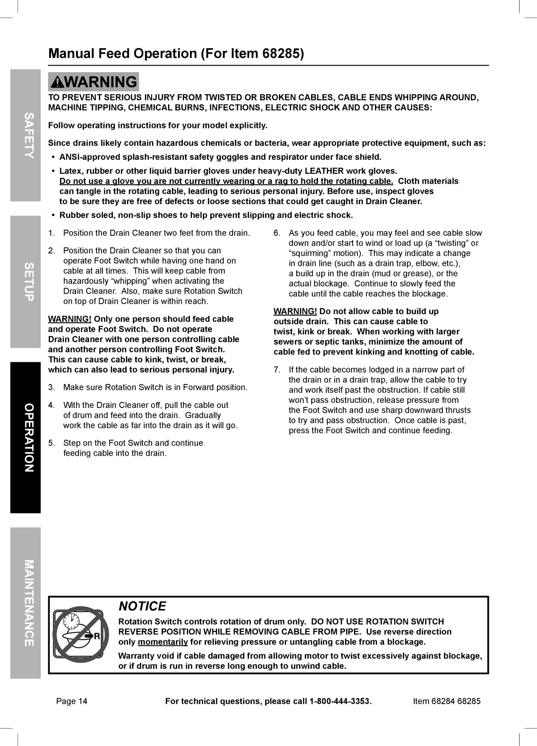 Harbor Freight Tools 68285 owner manual Manual Feed Operation For Item, Item 68284 