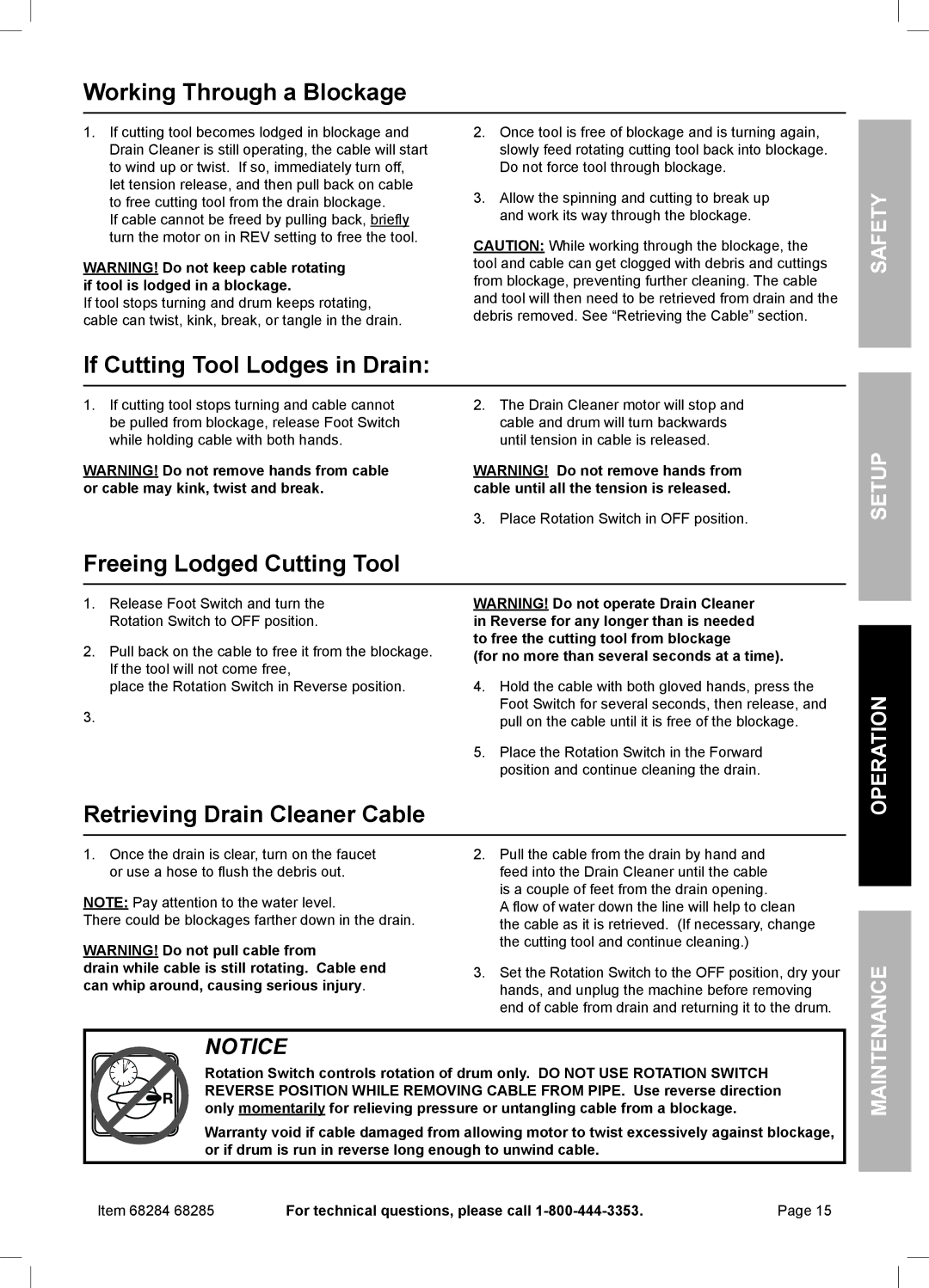 Harbor Freight Tools 68284, 68285 Working Through a Blockage, If Cutting Tool Lodges in Drain, Freeing Lodged Cutting Tool 