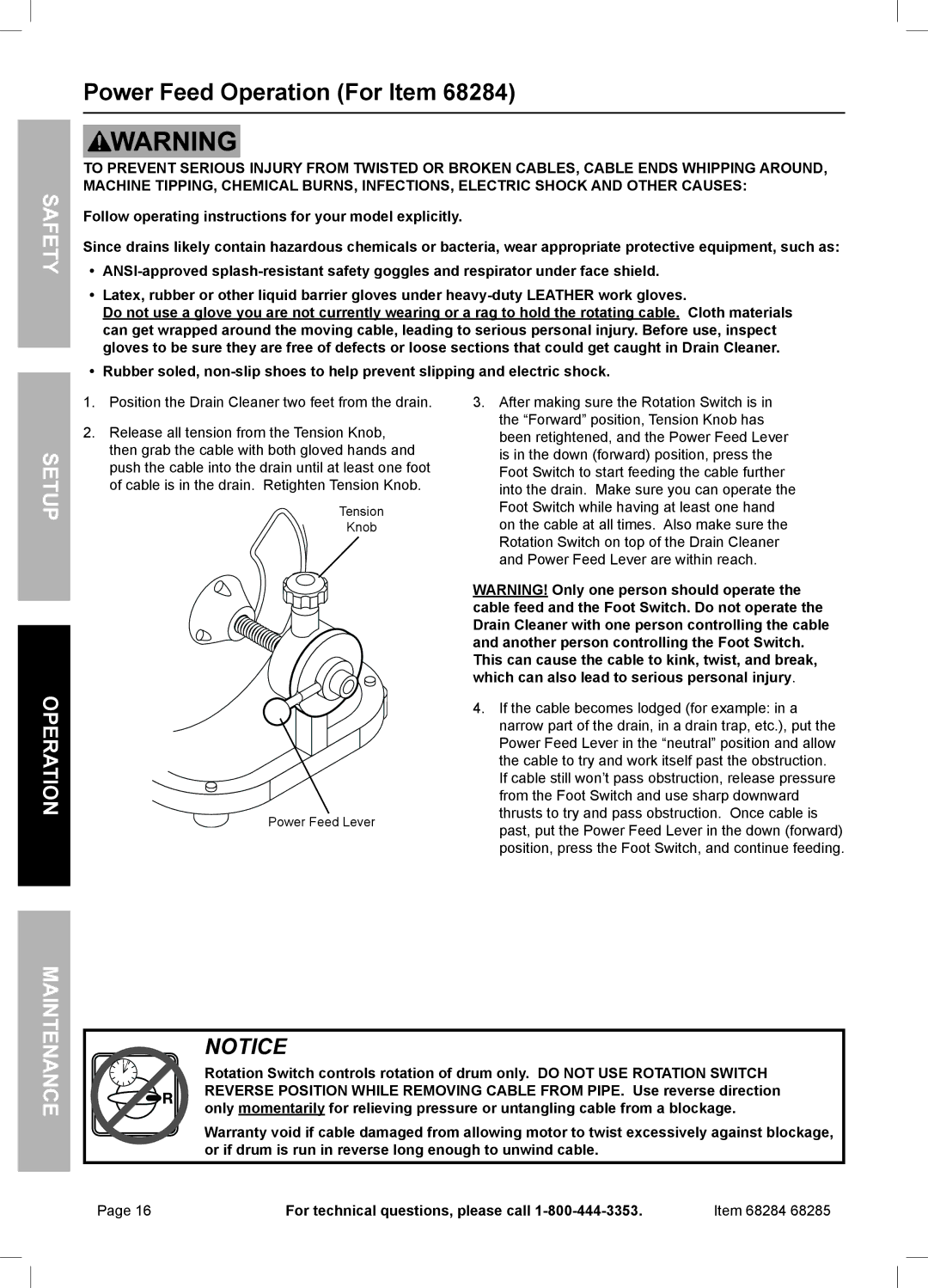 Harbor Freight Tools 68285, 68284 owner manual Power Feed Operation For Item 