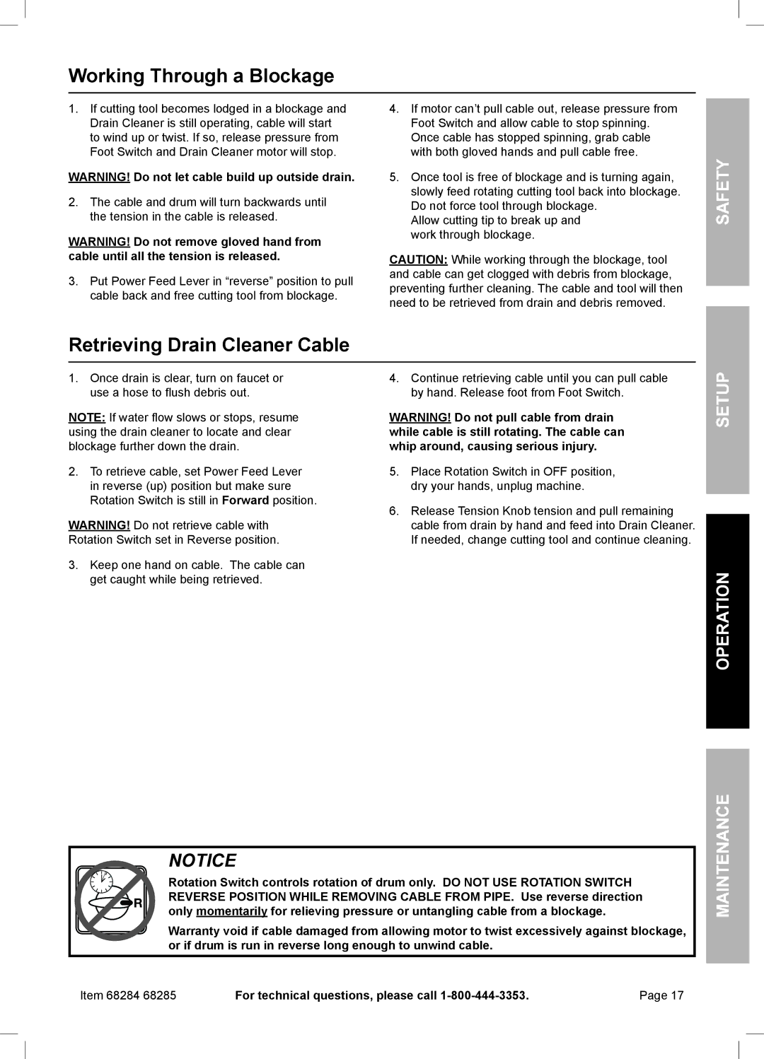 Harbor Freight Tools 68284, 68285 owner manual Working Through a Blockage 