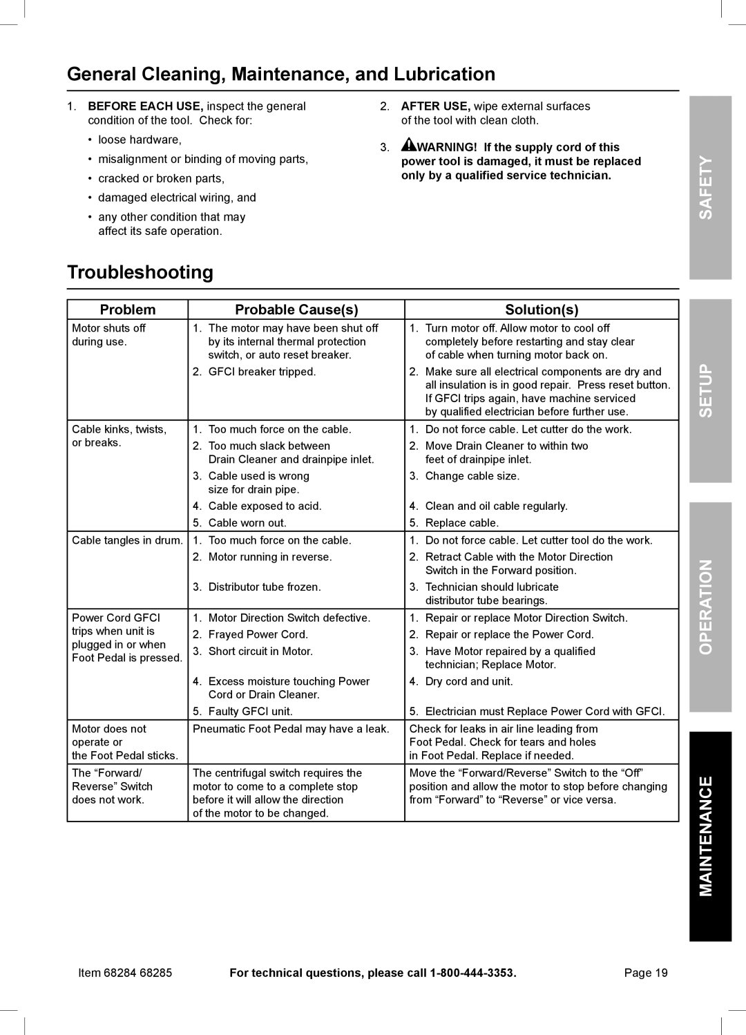 Harbor Freight Tools 68284, 68285 owner manual General Cleaning, Maintenance, and Lubrication, Troubleshooting 