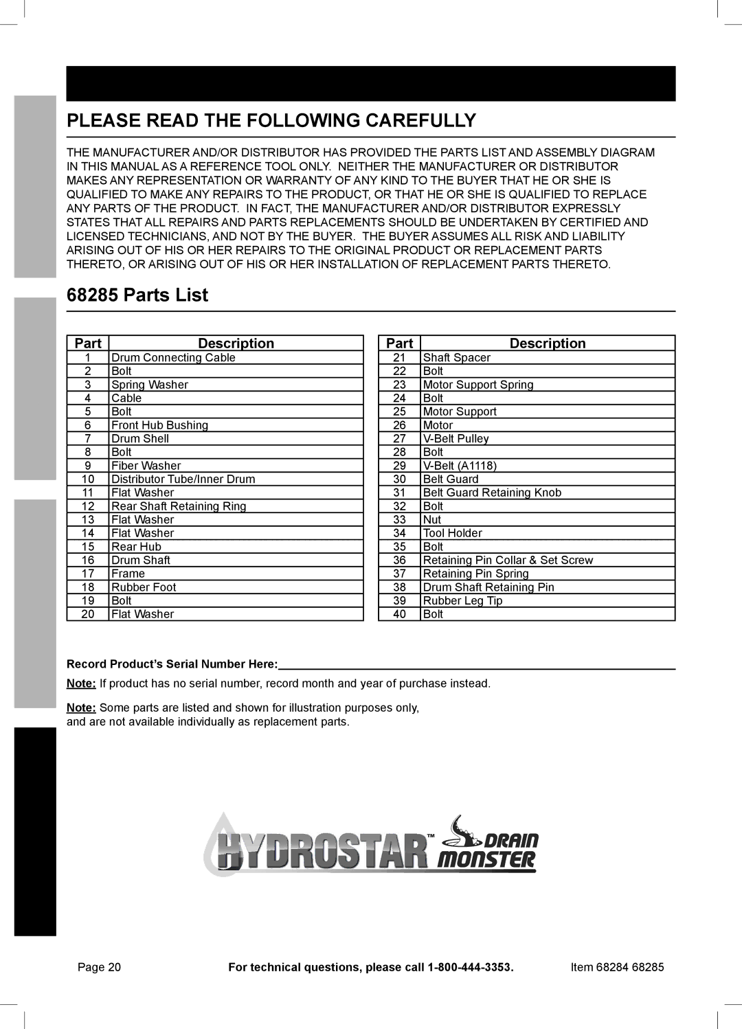 Harbor Freight Tools 68285, 68284 Parts Lists and Diagrams, PartDescription, Record Product’s Serial Number Here 