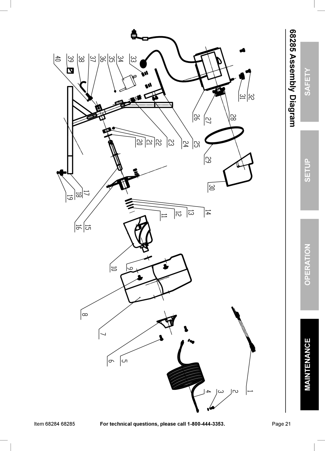 Harbor Freight Tools 68285 owner manual Assembly Diagram, Item 68284 For technical questions, please call 