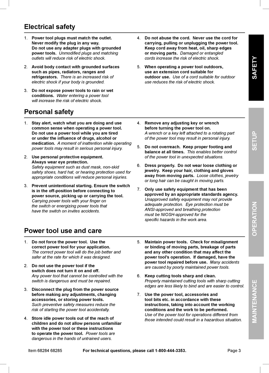 Harbor Freight Tools 68285 owner manual Electrical safety, Personal safety, Power tool use and care, Item 68284 