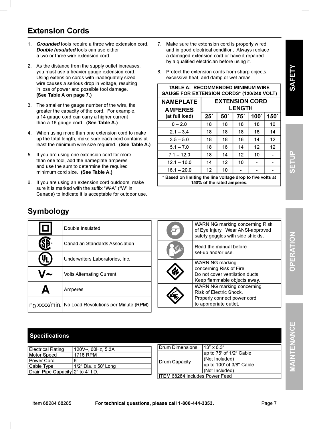 Harbor Freight Tools 68284, 68285 owner manual Extension Cords, Symbology, 25´ 50´ 75´ 100´ 150´, Specifications 