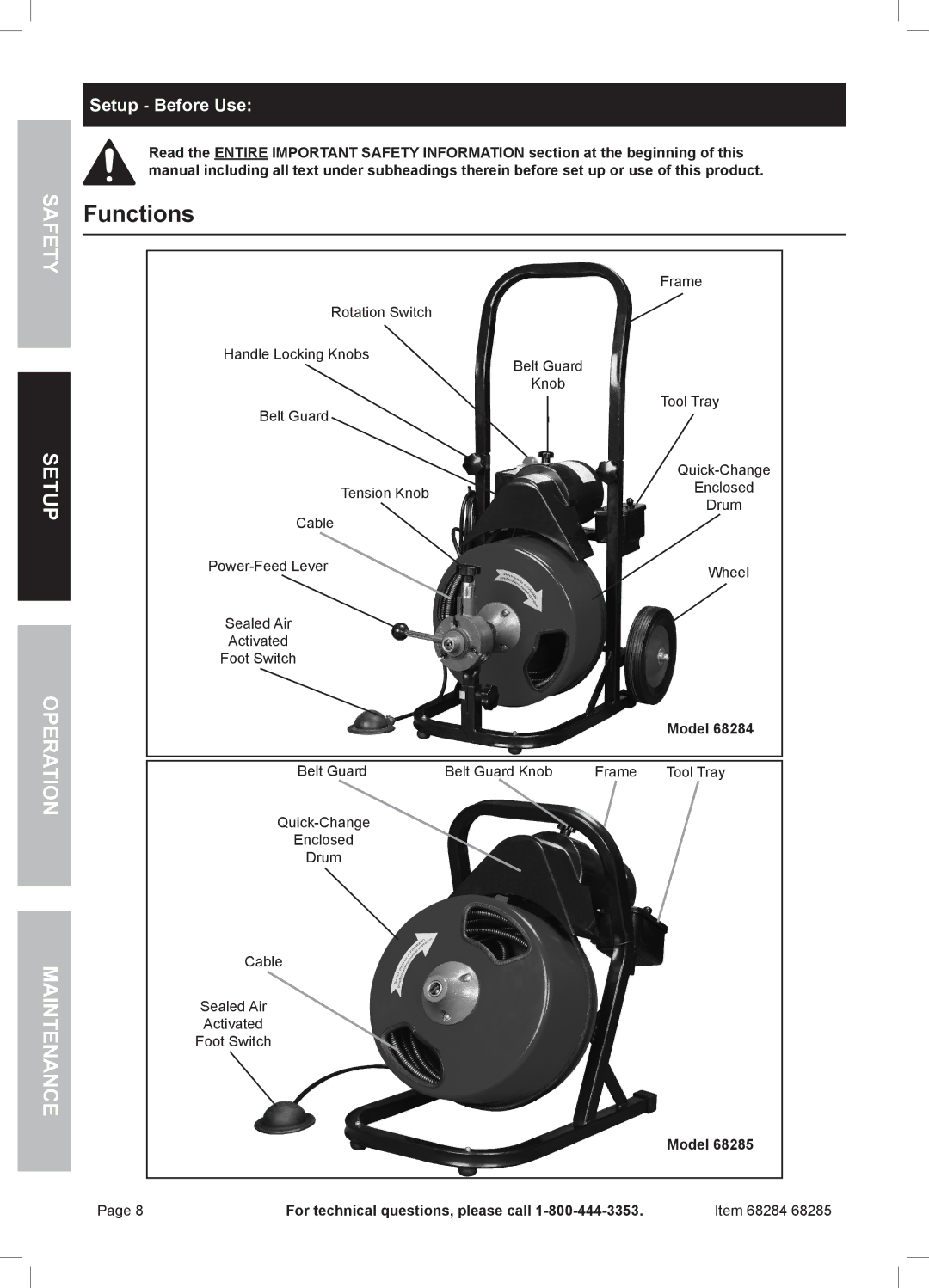 Harbor Freight Tools 68285, 68284 owner manual Functions, Setup Before Use, Model For technical questions, please call 