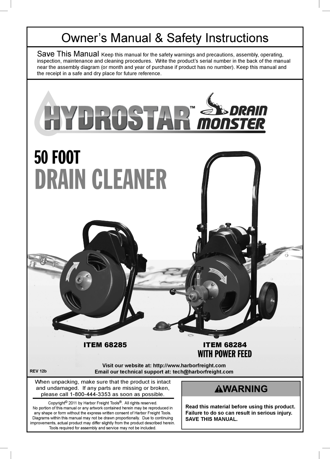 Harbor Freight Tools 68284, 68285 owner manual Drain Cleaner, Foot, With Power Feed 