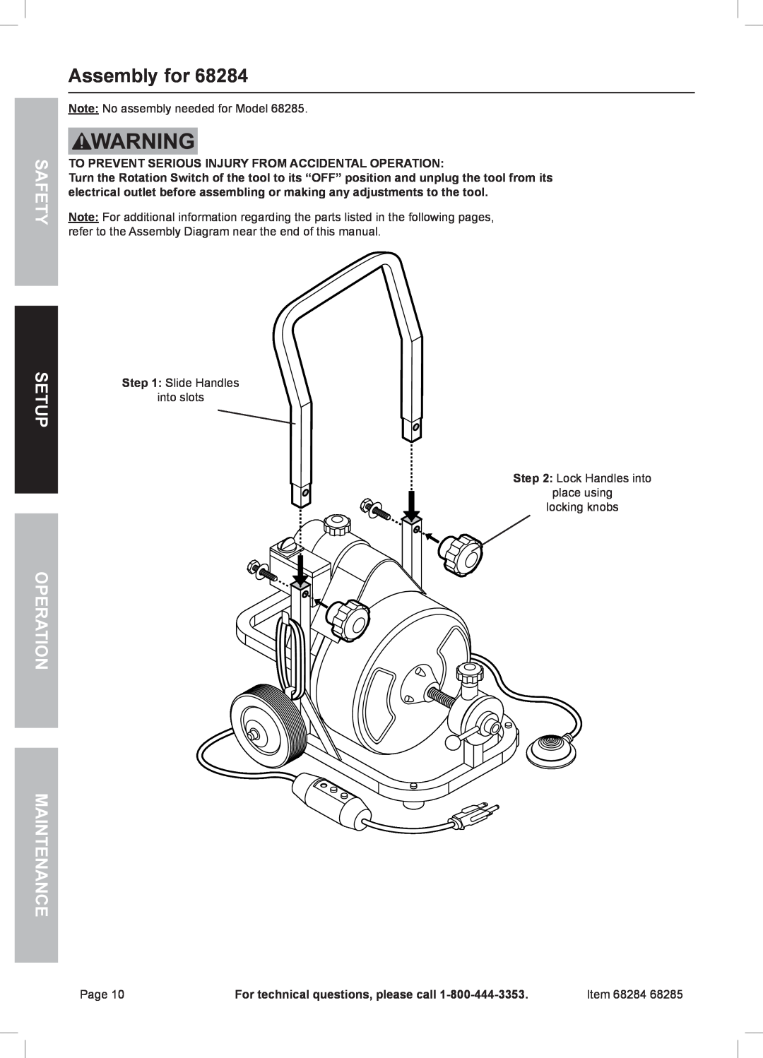 Harbor Freight Tools 68285, 68284 owner manual Assembly for, Safety Setup Operation Maintenance 
