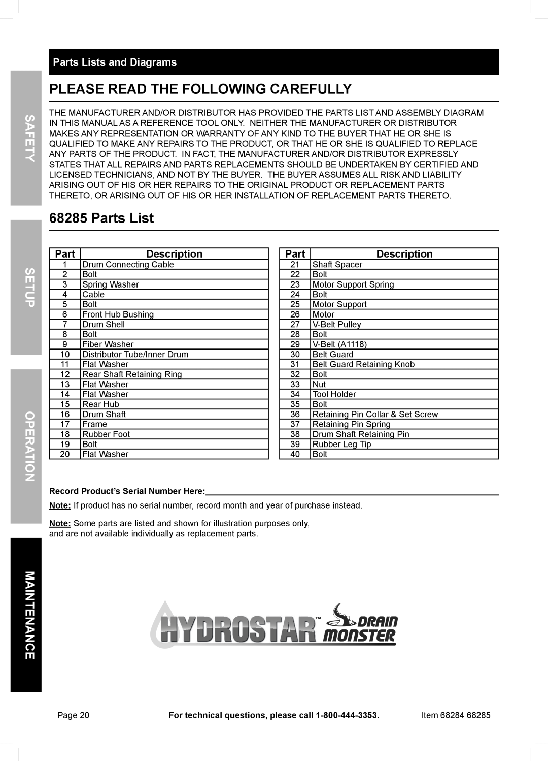 Harbor Freight Tools 68285 Please Read The Following Carefully, Parts Lists and Diagrams, PartDescription, Safety 