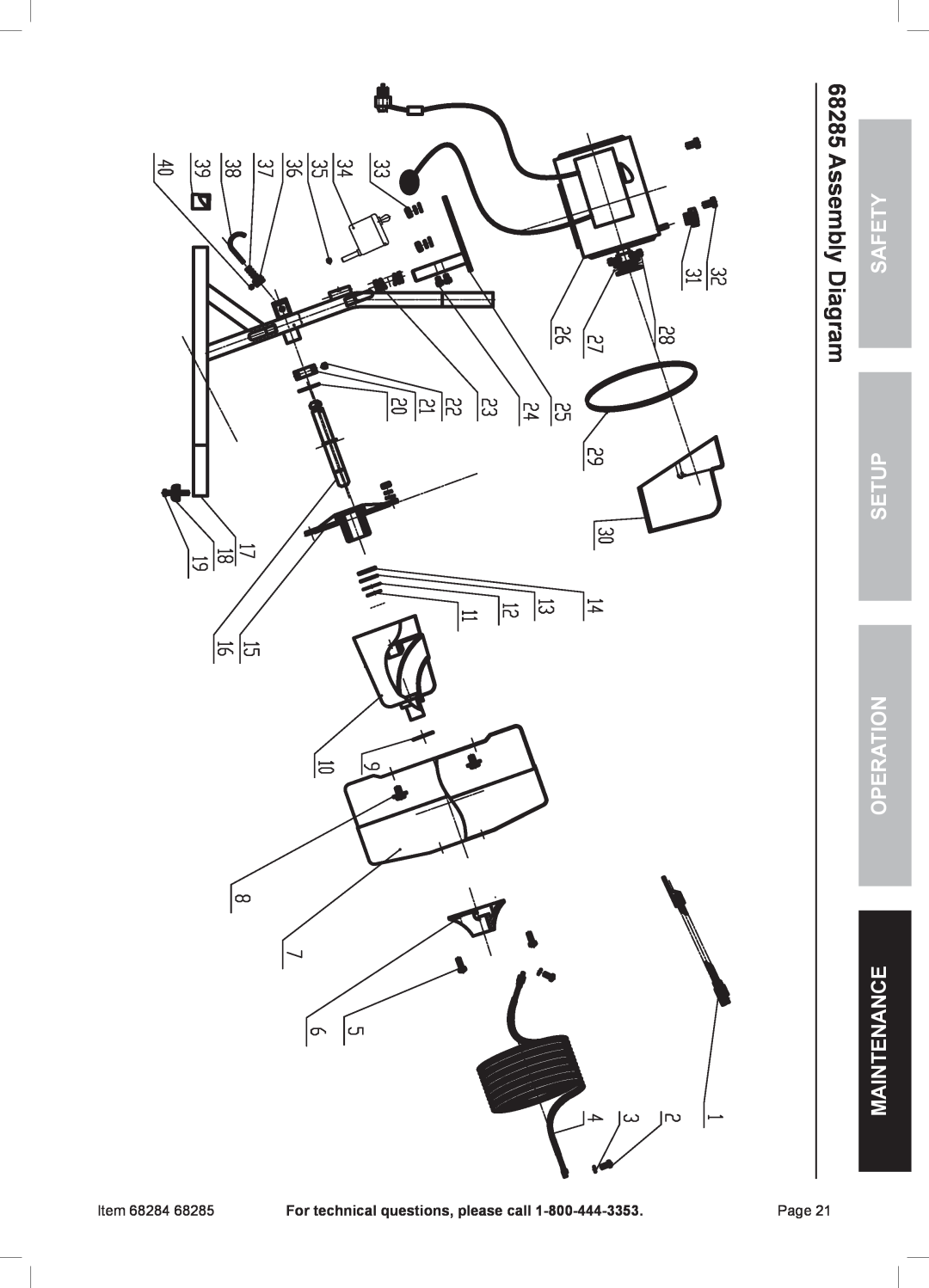 Harbor Freight Tools 68284, 68285 owner manual Assembly Diagram, Setup, Safety, Operation Maintenance 