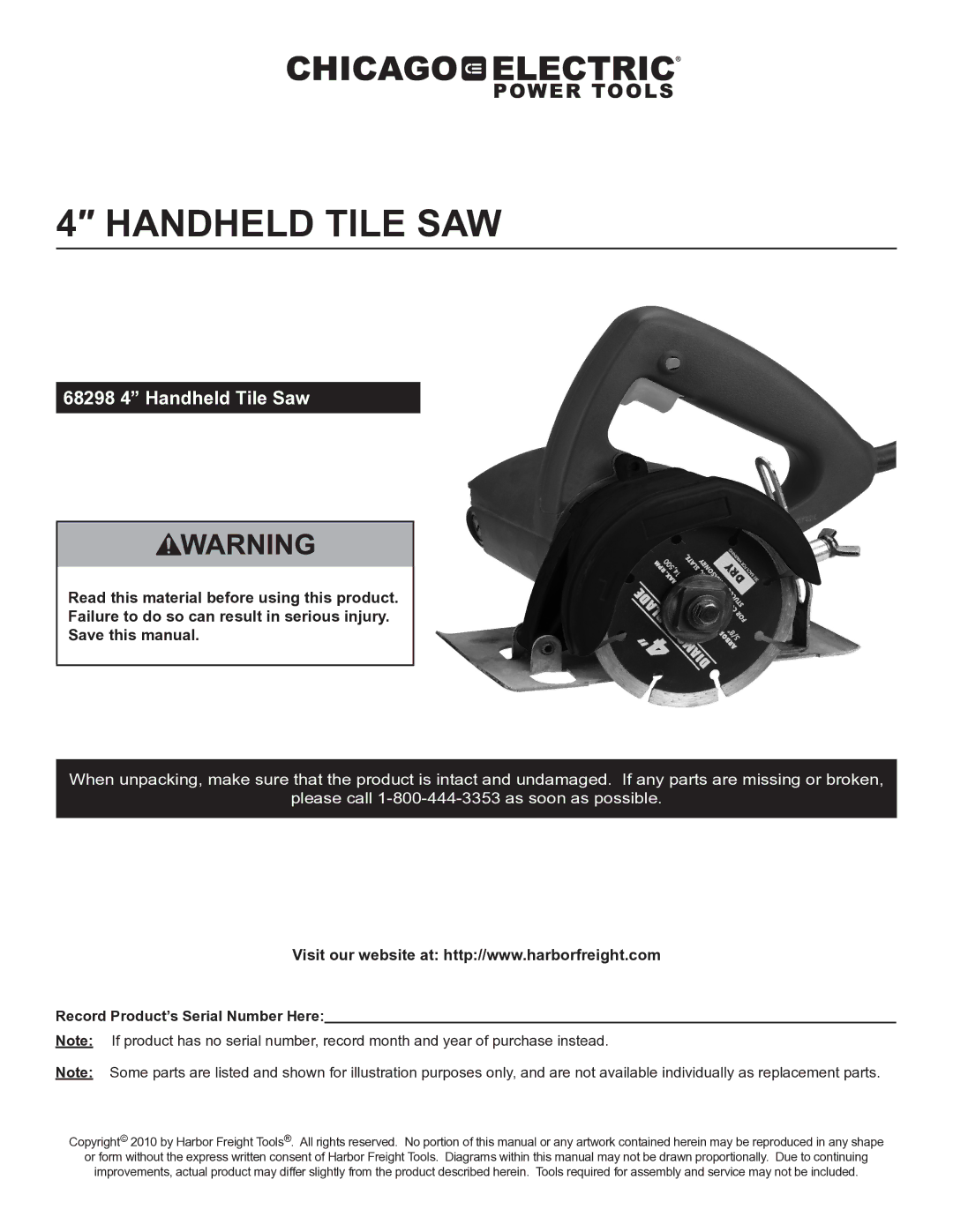 Harbor Freight Tools manual 68298 4 Handheld Tile Saw, Record Product’s Serial Number Here 