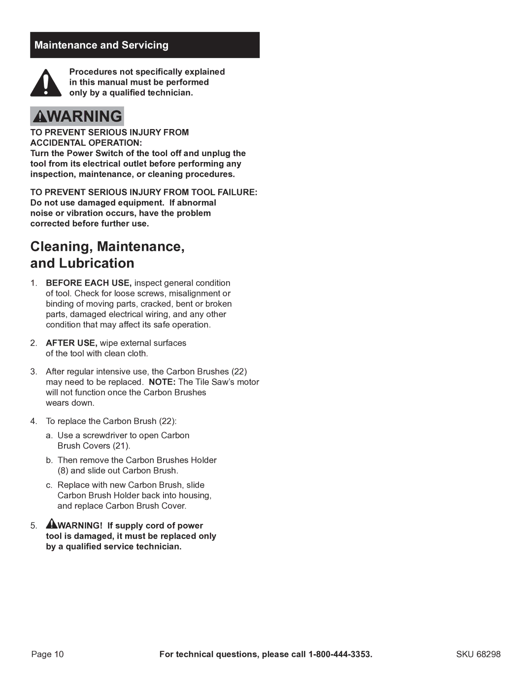 Harbor Freight Tools 68298 manual Cleaning, Maintenance, and Lubrication, Maintenance and Servicing 