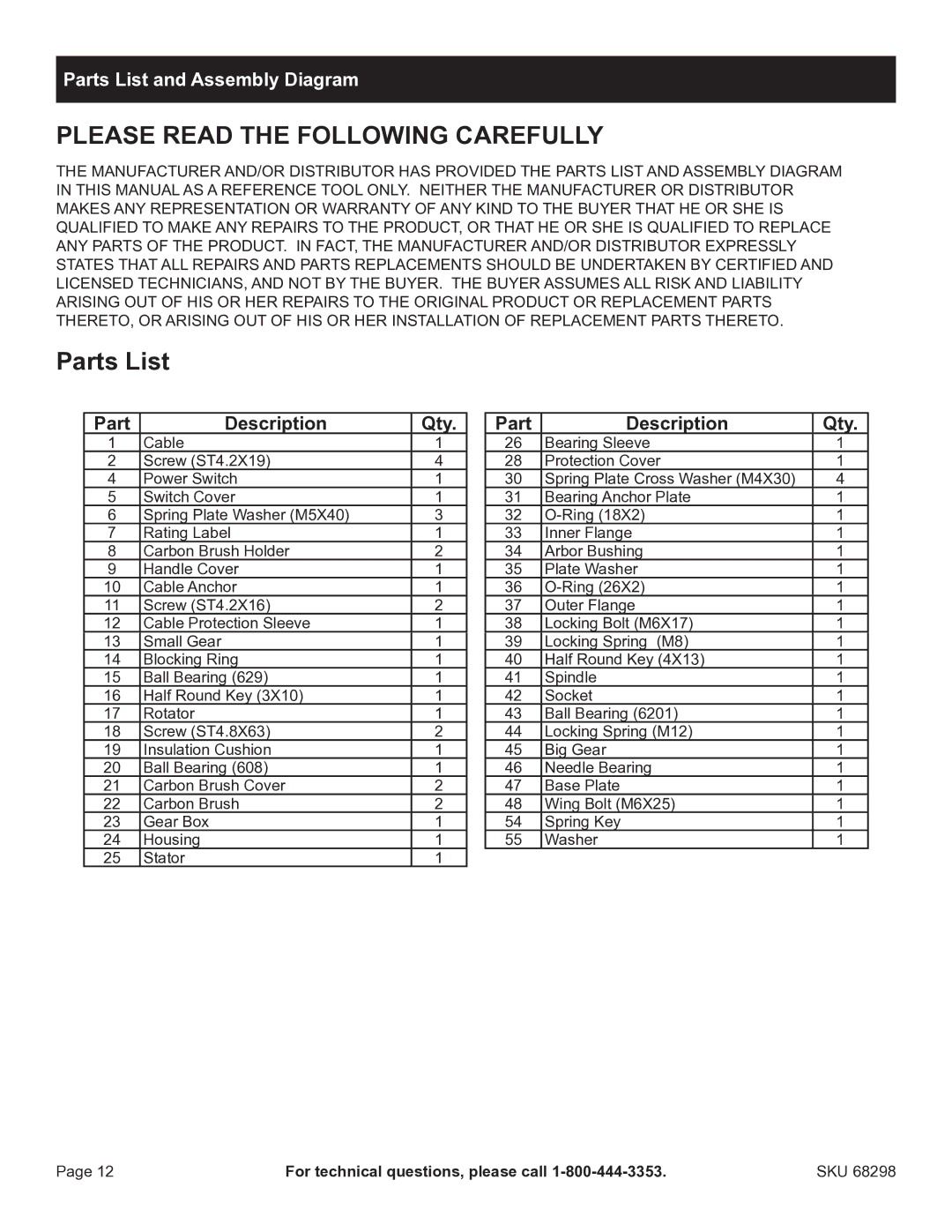 Harbor Freight Tools 68298 manual Parts List and Assembly Diagram, Part Description Qty 