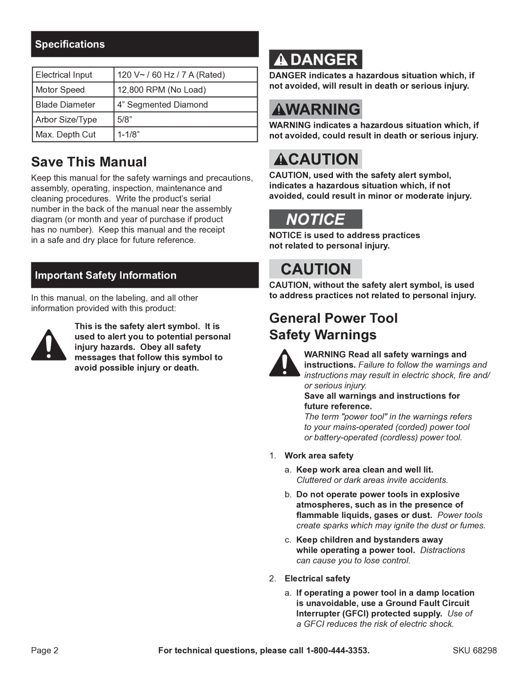 Harbor Freight Tools 68298 manual Save This Manual, General Power Tool Safety Warnings, Specifications 